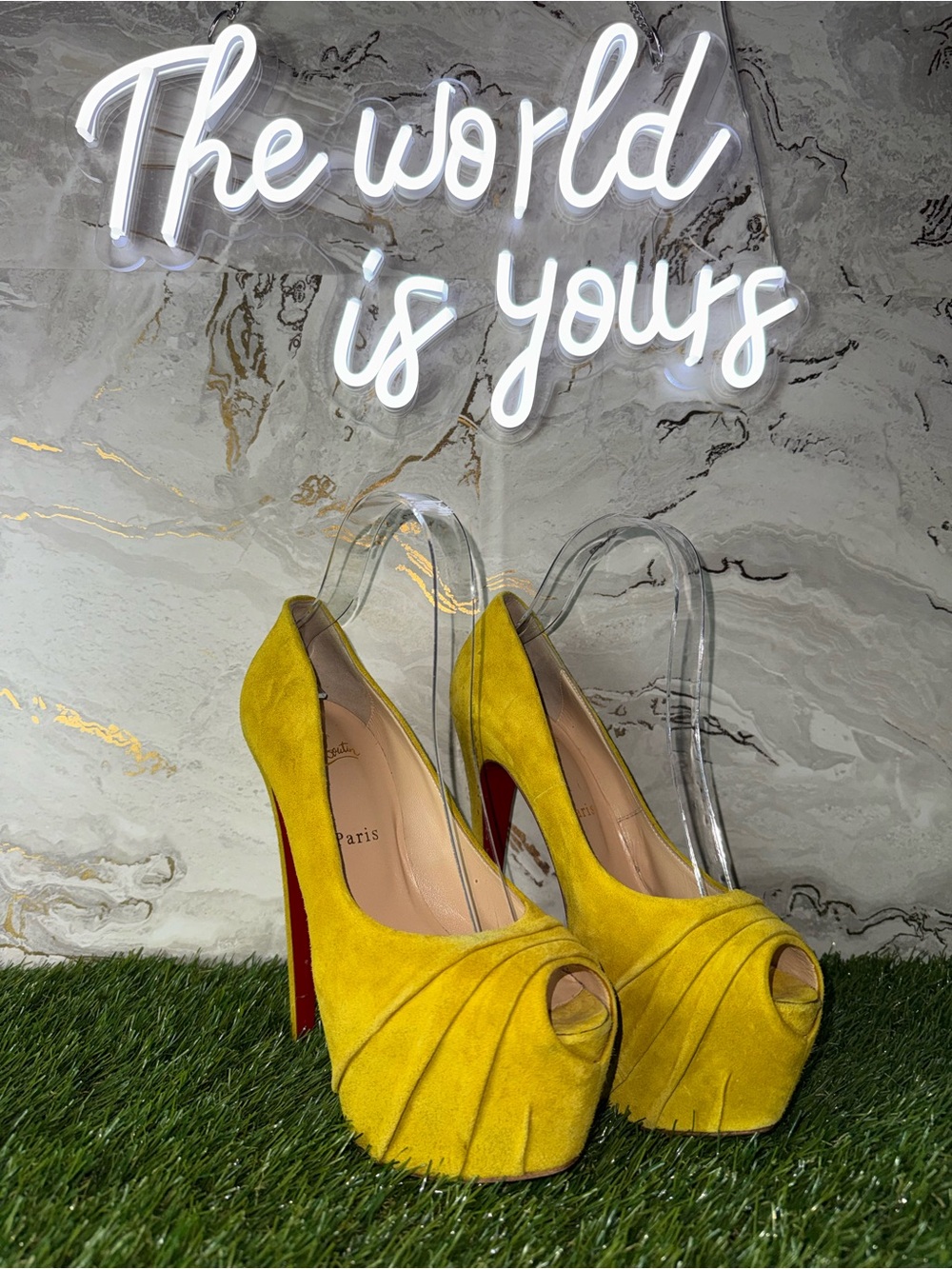 Christian Louboutin Drapesse Yellow Suede Peep-Toe Platform Pumps 39.5